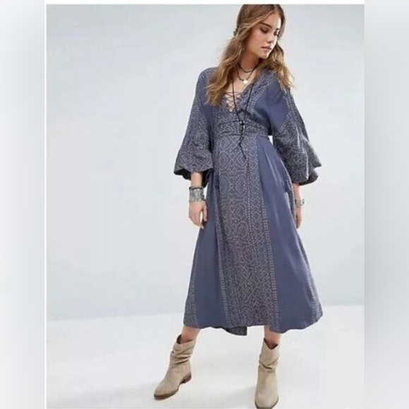 Free People NWT Modern Kimono Maxi Dress Size 0 XS Blue - Picture 5 of 16